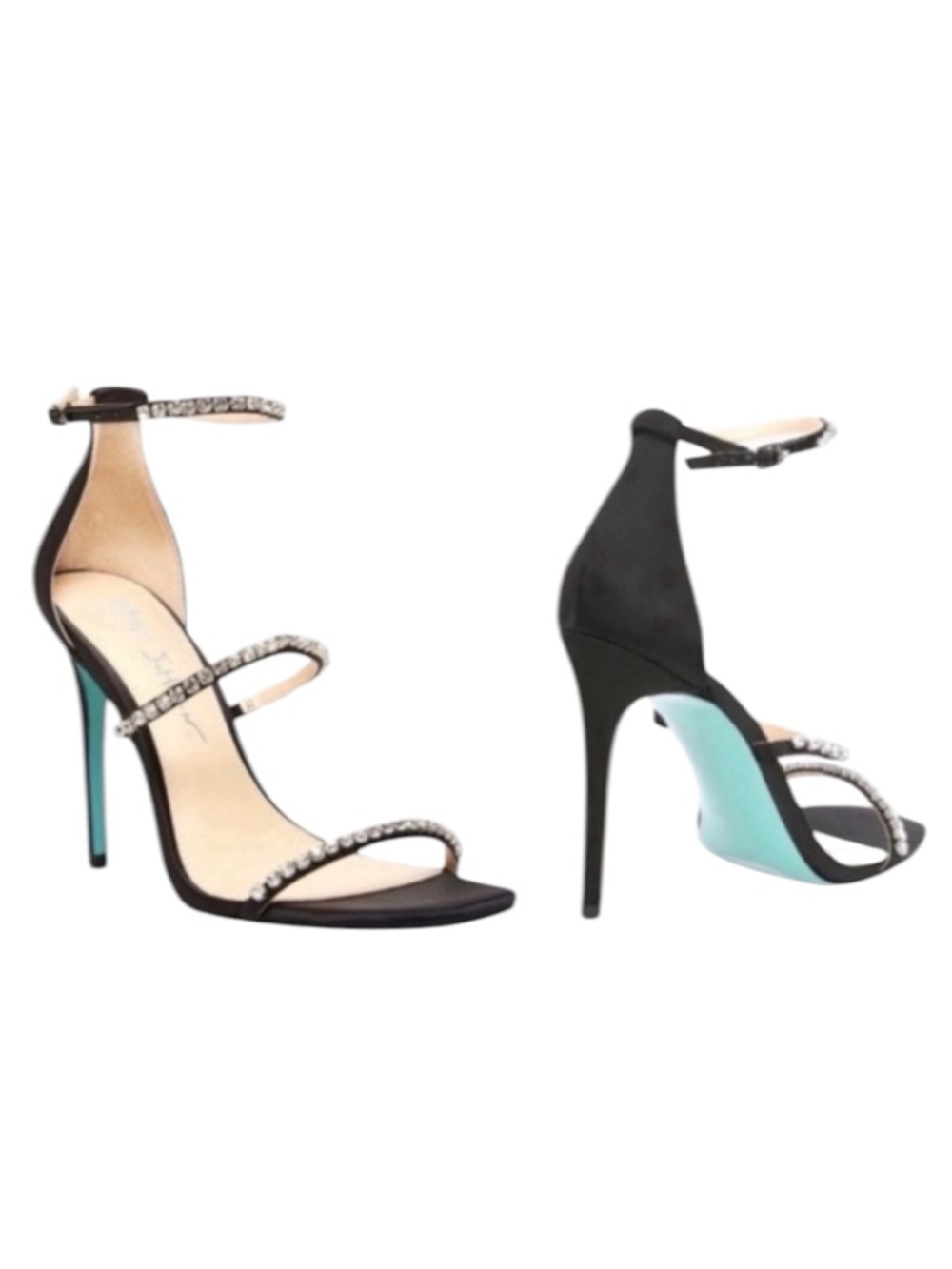 NEW Blue by Betsy Johnson Satin Rhinestone Sandals Stiletto Heels Black Size 8.5
